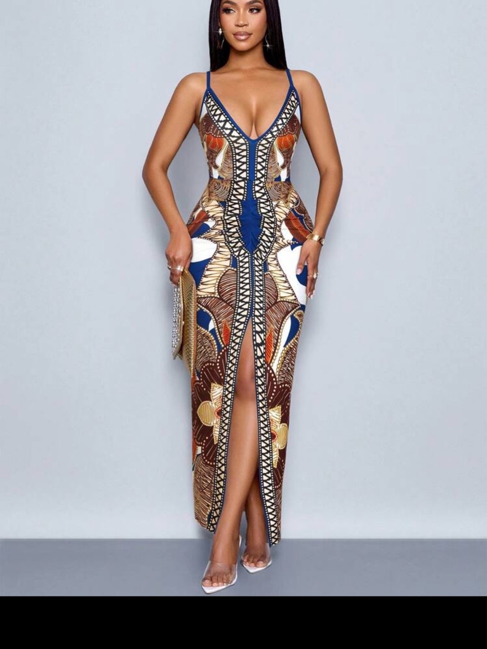 SHEIN Navy, Brown & White Printed V‑Neck Maxi Dress with Front Slit